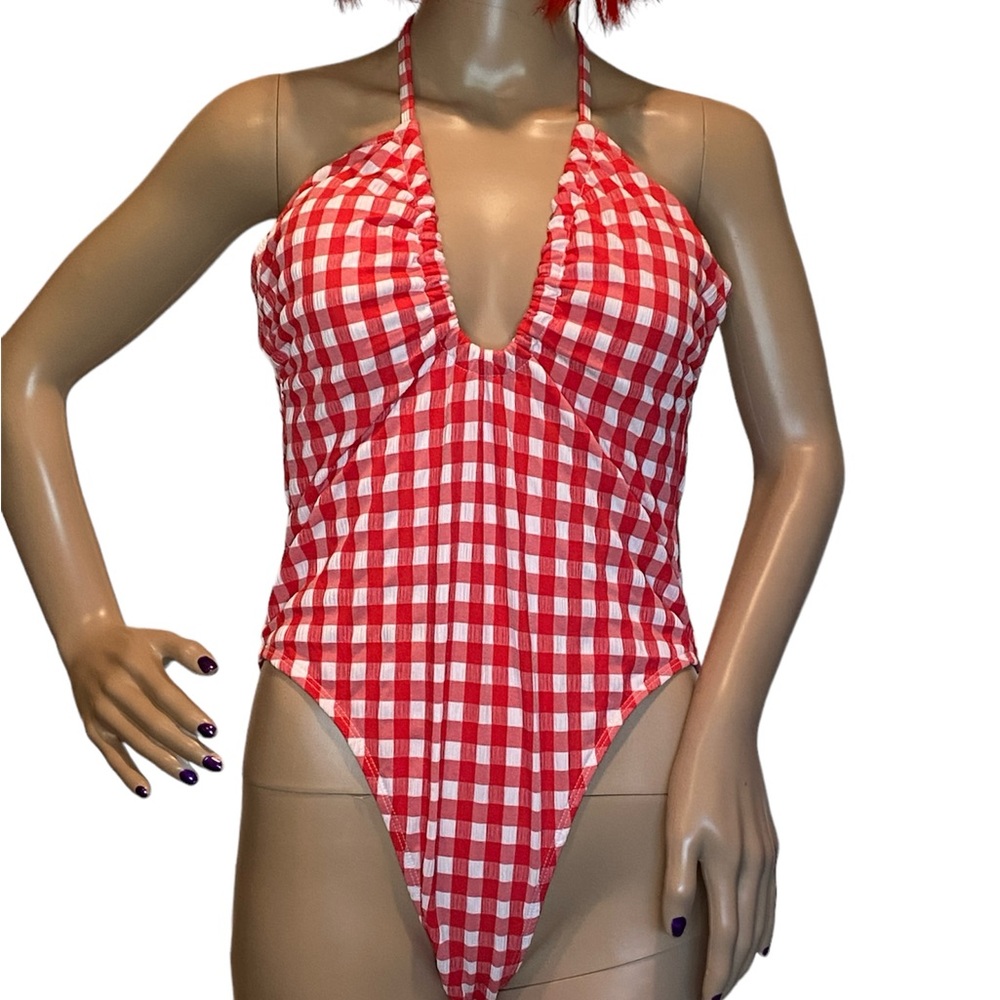 Wild Fable Gingham Halter High Leg Cheeky Red White Swim Suit Various Sizes NWT
